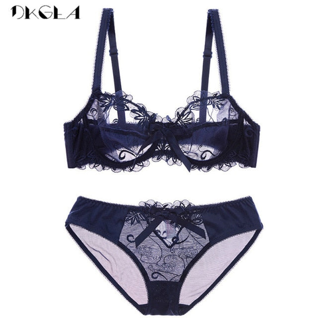 VenusFox New Fashion Embroidery Lingerie Set Women Bras C D Cup Plus Size Underwear Set Sexy Black Transparent Bra and Panties Sets Lace