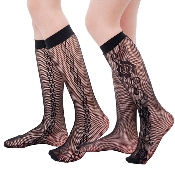 VenusFox Hollow Ladies Lace Sexy Women's Jacquard Fishnet Stocking Knee Socks Anti-off Silk Stockings Black Knee High Socks