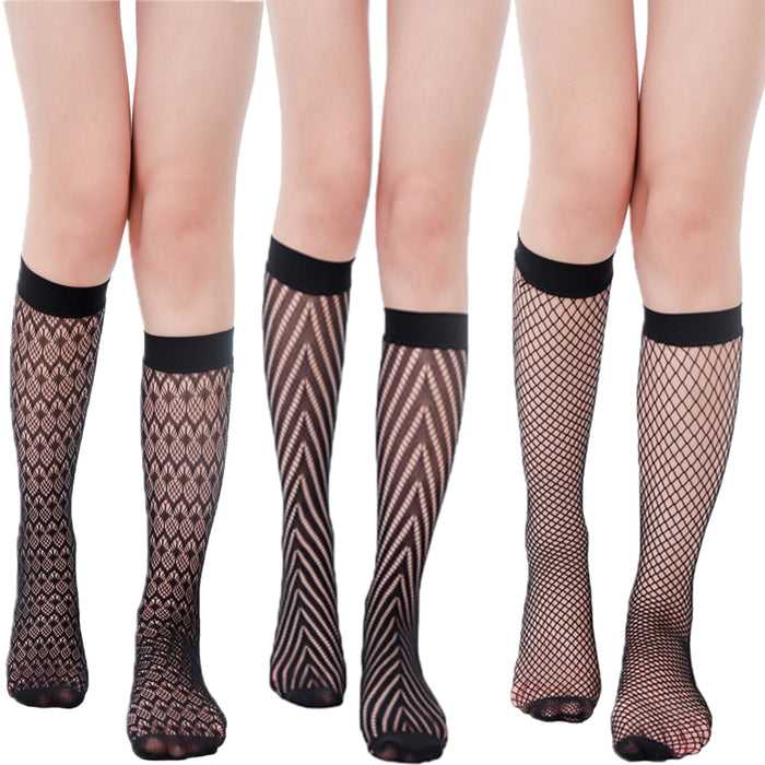 VenusFox Hollow Ladies Lace Sexy Women's Jacquard Fishnet Stocking Knee Socks Anti-off Silk Stockings Black Knee High Socks