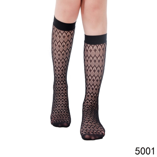 VenusFox Hollow Ladies Lace Sexy Women's Jacquard Fishnet Stocking Knee Socks Anti-off Silk Stockings Black Knee High Socks