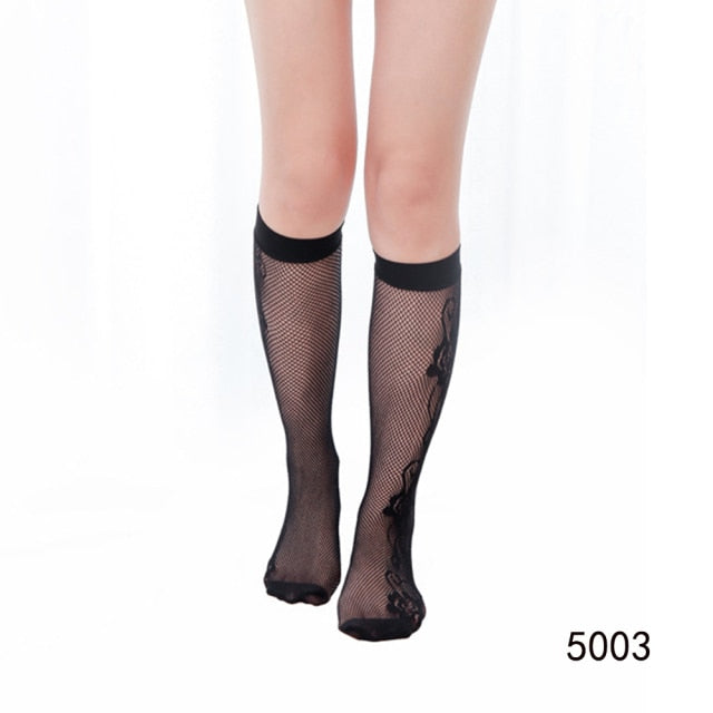 VenusFox Hollow Ladies Lace Sexy Women's Jacquard Fishnet Stocking Knee Socks Anti-off Silk Stockings Black Knee High Socks