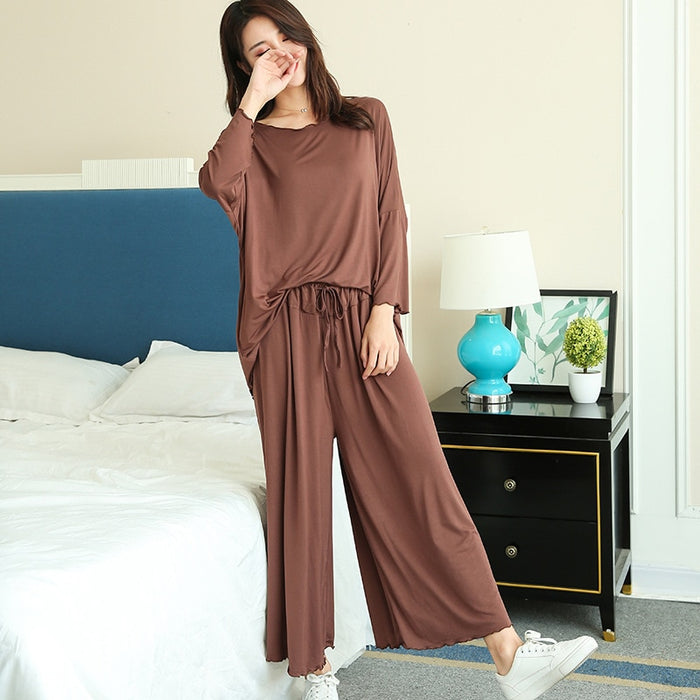 VenusFox size home suits women autumn new loose long-sleeved pajamas two-piece set nine-point wide leg pants sleepwear femme