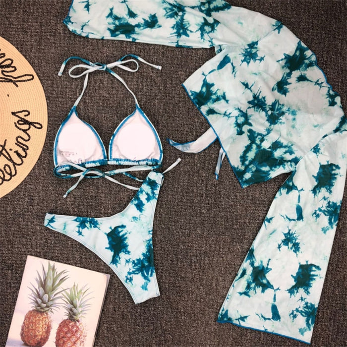VenusFox Long Sleeve Swimwear Women Bandage Bikini Mujer 2020 Summer Sexy Print Brazilian Swimsuit Female Three Pieces Biquini Set