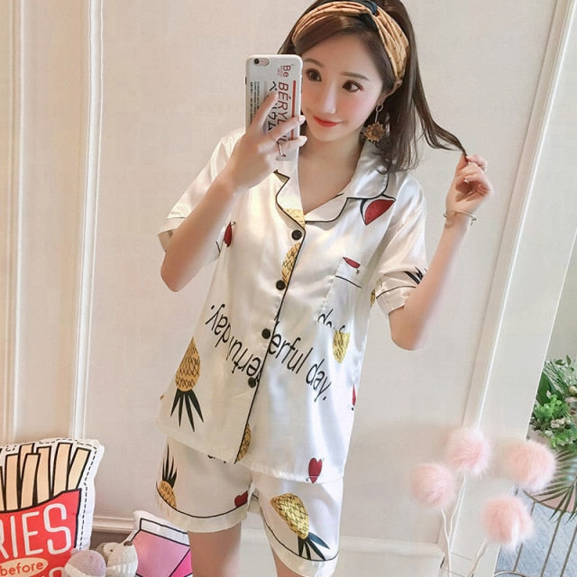VenusFox Summer Pajamas Set for Women Short Printed Sleepwear Cute Silk Two Piece Set
