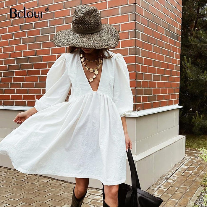 VenusFox Casual Mini Fit and Flare Dress Women Puff Sleeve V Neck Black Party Dresses White Buttons Long Sleeve