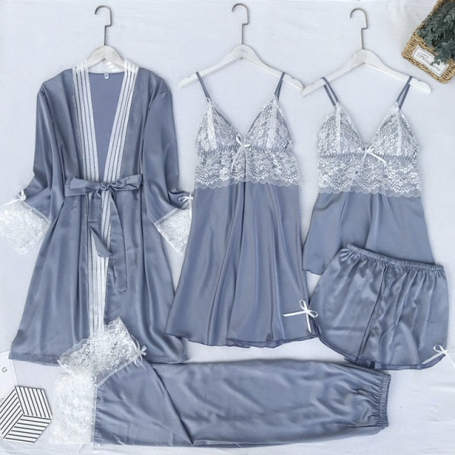 VenusFox 5PCS Pajamas Set Silk Satin Women's Lace Nightwear Spring Strap Pajamas Suit Female Lounge Sleepwear with Chest Pads Home Wear