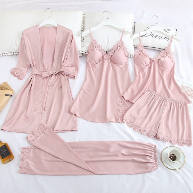 VenusFox 5PCS Pajamas Set Silk Satin Women's Lace Nightwear Spring Strap Pajamas Suit Female Lounge Sleepwear with Chest Pads Home Wear