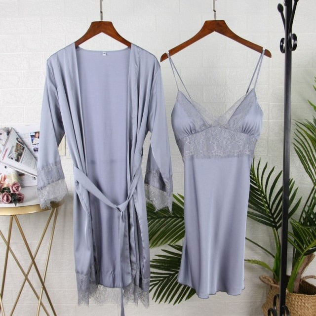 VenusFox 5PCS Pajamas Set Silk Satin Women's Lace Nightwear Spring Strap Pajamas Suit Female Lounge Sleepwear with Chest Pads Home Wear