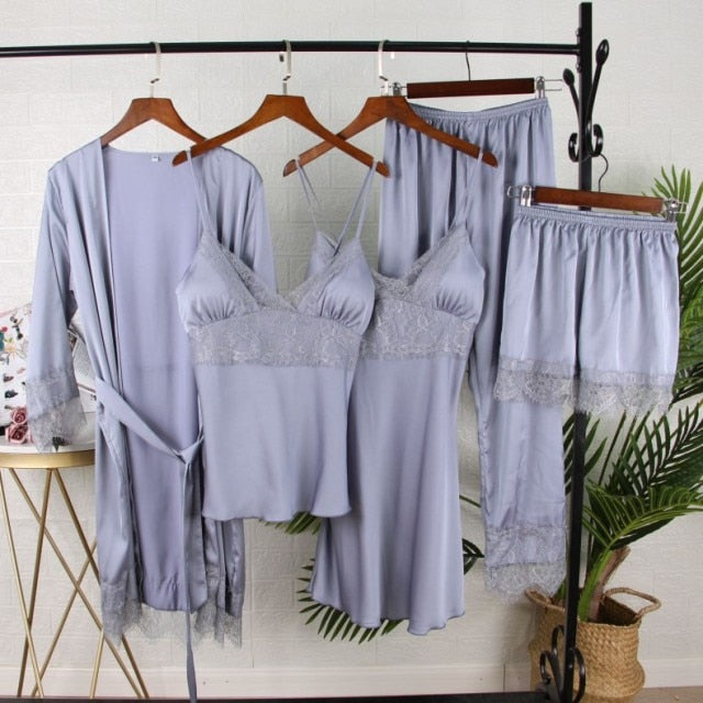 VenusFox 5PCS Pajamas Set Silk Satin Women's Lace Nightwear Spring Strap Pajamas Suit Female Lounge Sleepwear with Chest Pads Home Wear