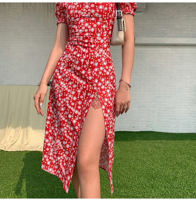 VenusFox Summer Vintage Party Dress Lady France Style Puff Sleeve Floral Print Square Collar Side Split Midi Dress 2021