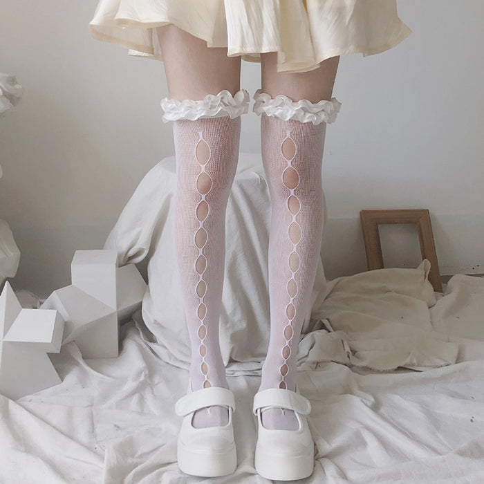 VenusFox Lolita Hollow Lace Stocking Women Mesh Thigh High Knee Socks Woman Transparent Thin Long Stockings Girls Dress Calcetine Medias