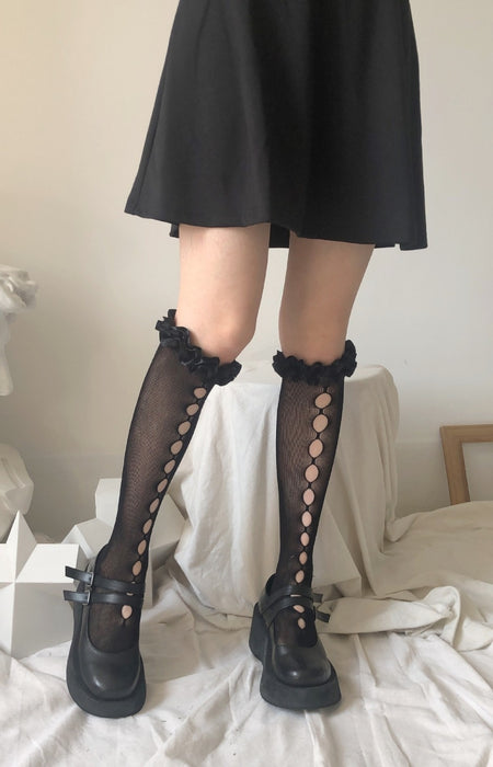 VenusFox Lolita Hollow Lace Stocking Women Mesh Thigh High Knee Socks Woman Transparent Thin Long Stockings Girls Dress Calcetine Medias