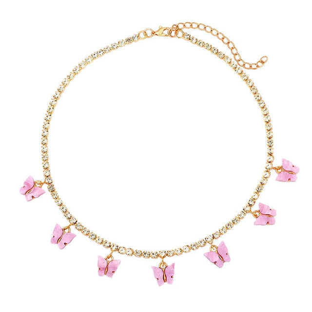 VenusFox Fashion Bling Crystal Tennis Chain Choker Necklace for Women Gold Silver Color 7 Butterfly Cherry Pendant Necklace Party Jewelry