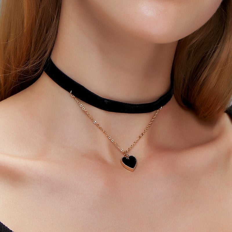 VenusFox Korean Flannel Sexy Short Necklace for Women Black Two-layer Love Pendant Necklace Clavicle Chain Choker Fashion Jewelry Gift