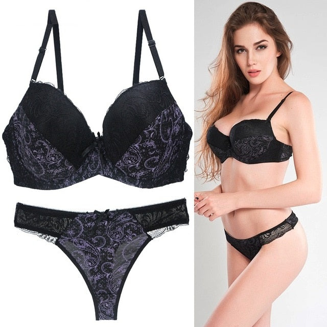 VenusFox 2 Piece Sexy Bra Underwear Set Women Lingerie Push Up Ultra-Thin DD E Cup Adjusted Wired Plus Size Lace Thong Bras Panty Suit