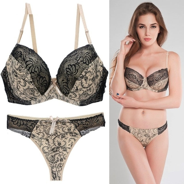 VenusFox 2 Piece Sexy Bra Underwear Set Women Lingerie Push Up Ultra-Thin DD E Cup Adjusted Wired Plus Size Lace Thong Bras Panty Suit