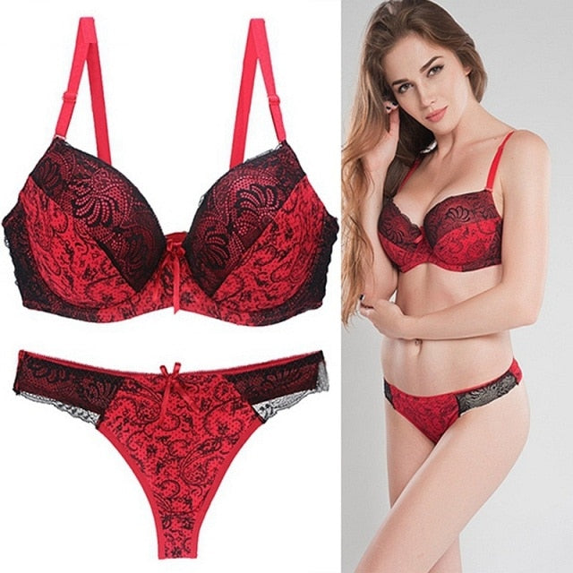 VenusFox 2 Piece Sexy Bra Underwear Set Women Lingerie Push Up Ultra-Thin DD E Cup Adjusted Wired Plus Size Lace Thong Bras Panty Suit
