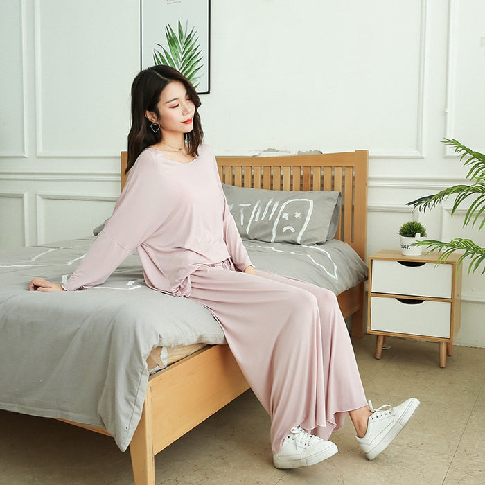 VenusFox size home suits women autumn new loose long-sleeved pajamas two-piece set nine-point wide leg pants sleepwear femme