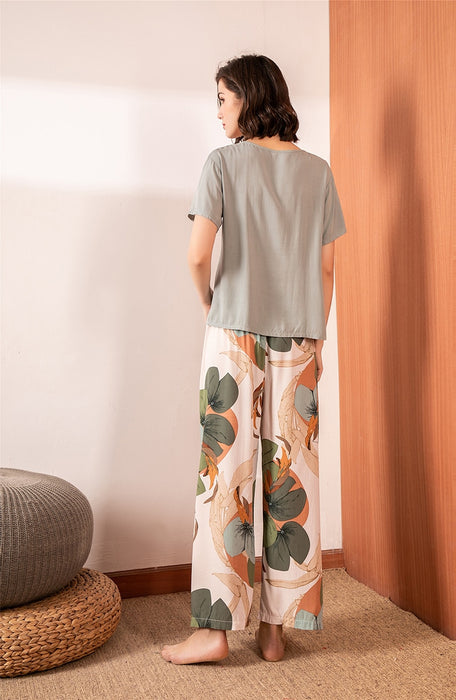VenusFox Floral Printed Pajama Sleepwear Female Casual V Neck Short Sleeve Elastic Waist Nightwear Retro Women's Pajamas Sets