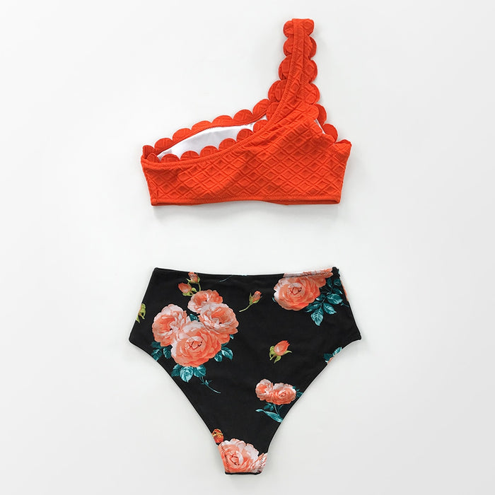 VenusFox Red Scalloped One Shoulder High-waist Bikini Sets Sexy Tank Swimsuit Two Pieces Swimwear Women 2021 Beach Bathing Suits