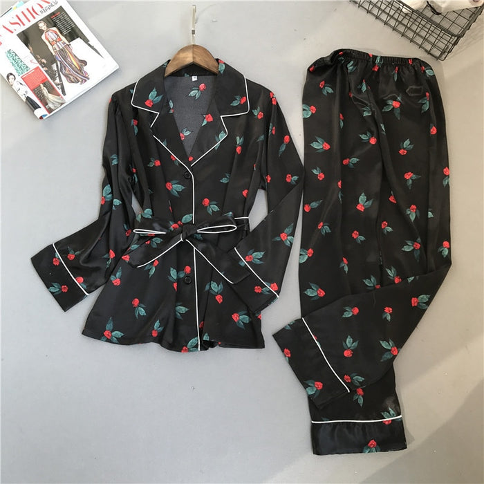 VenusFox Spring Printing Pattern Women Pajama Set Rayon Sleepwear Long Sleeve Trousers Two Paper Suit