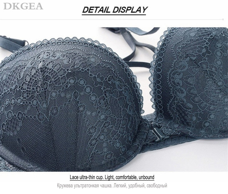 VenusFox Front Closure Bra Panties Sets Lace Embroidery Women Lingerie Set Gather Brassiere Black Thick Push Up Bras Sexy Underwear Set