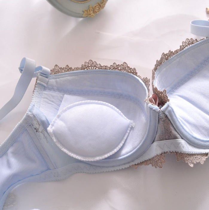 VenusFox Sweet Teen Girls Underwear Japanese Light Blue Lingerie Suit Cute Thin Embroidery Gathered Sexy Large Size Bra & Panties Set