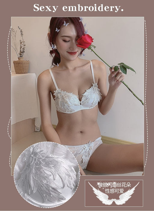 VenusFox Sexy Lace Vintage Feather Embroidery Flowers Push Up Bra Set 2020 Fashion White Angel Women Underwear Diamond Lingerie Panties