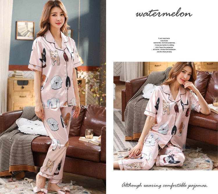 VenusFox Women Satin Sleepwear Floral Silk Pajamas Set Short Sleeves Long Pants Sleep Suit Ladies Silk Pyjamas Home Clothing Nightwear Pj