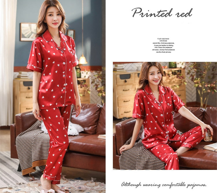 VenusFox Women Satin Sleepwear Floral Silk Pajamas Set Short Sleeves Long Pants Sleep Suit Ladies Silk Pyjamas Home Clothing Nightwear Pj