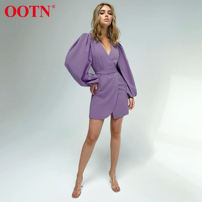 VenusFox Purple Asymmetry Mini Dress Tunic High Waist Ladies Elegant Sexy V Neck Lantern Long Sleeve Green Dresses Womens Fashion