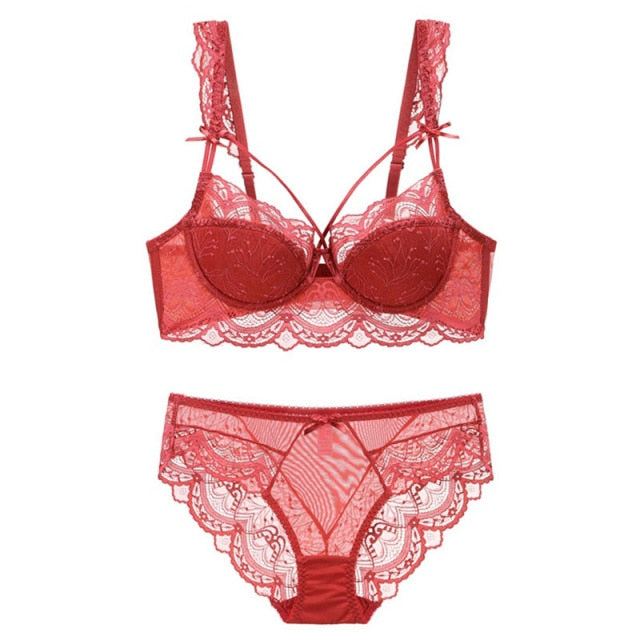 VenusFox New Top Ultra-thin Underwear Set Push-up Bra And Panty Sets Hollow Brassiere Gather Sexy Bra Plus Size Lace Lingerie Set