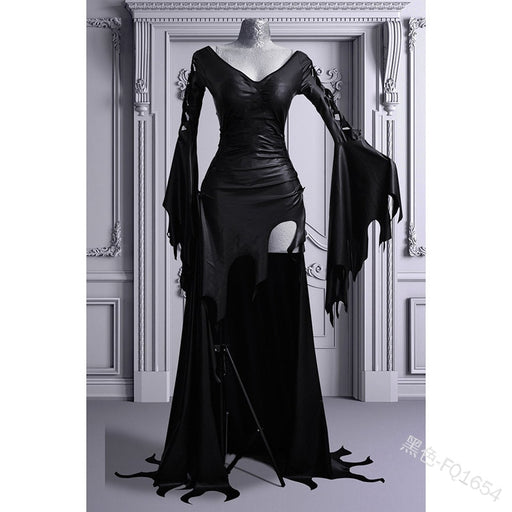 VenusFox Black Gothic Dress Morticia Addams Costume Halloween Vampire Outfit Sexy Pagan Witch Carnival Devil Demon For Women Plus Size