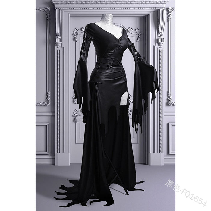 VenusFox Black Gothic Dress Morticia Addams Costume Halloween Vampire Outfit Sexy Pagan Witch Carnival Devil Demon For Women Plus Size