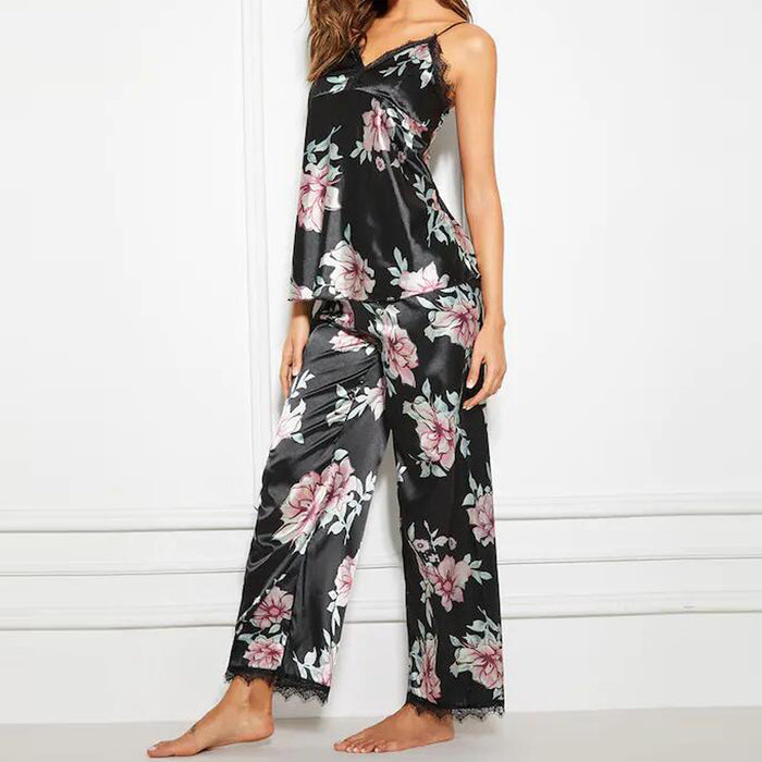 VenusFox Ladies Floral Pajamas Set Underwear Sleeveless V-neck Backless Vest Top Lace Satin Trousers Sleepwear Nightwear Mujer Pijama