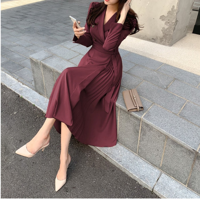 VenusFox Elegant Pleated Women Office Dress Solid Breasted Ladies Blazer  Autumn Spring Long Sleeve Chic Female Party