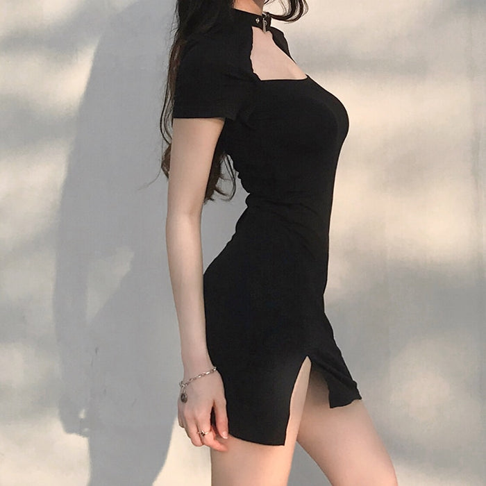 Venus Fox Gothic Choker Halter Bodycon Black Dress Female Solid Cut Out Fashion Summer Dress Mini Side Split Sundress