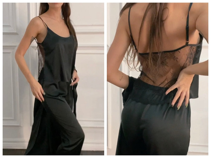 VenusFox Backless Satin Sexy Pajamas Black Lace Pajamas With Pants Loose Spaghetti Strap Intimate Lingerie Sleepwear Women Pj Set