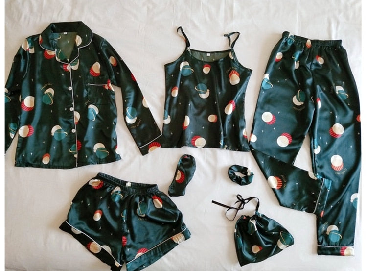 VenusFox Sexy Women Pajamas 3 & 7 Pieces Sets Satin Sleepwear Silk Home Wear Embroidery Sleep Lounge with Chest Pads