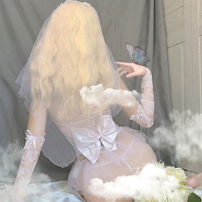 VenusFox Sexy Lingerie Transparent White Bra Fairy Wedding Dress Bridal Underwear Lace Mesh Sleepwear Uniform Cosplay Costumes