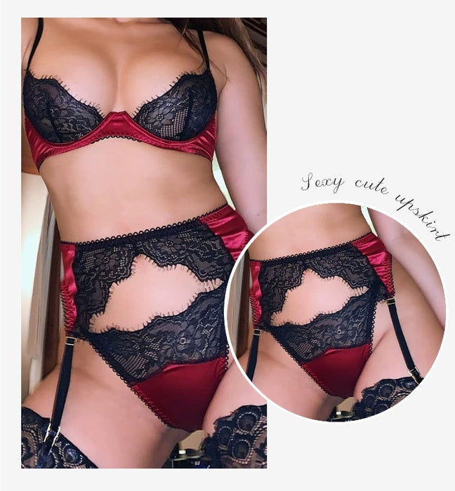 VenusFox 3 Piece Set Women Underwear Sexy Bra Panties Garter Sets Push Up Lace Lingerie For Women Satin Fabric Bra Free Shipping