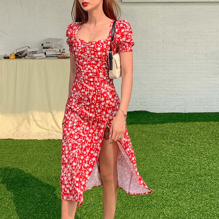 VenusFox Summer Vintage Party Dress Lady France Style Puff Sleeve Floral Print Square Collar Side Split Midi Dress 2021