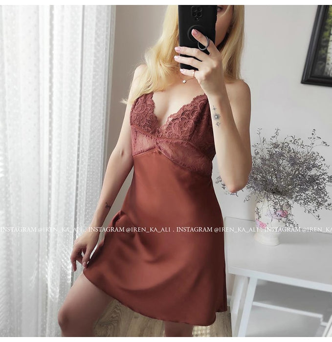 VenusFox Summer Sexy Night Dress Lace Nightgow Women's New Lingerie Backless Lace V-neck Nightwear Silk Nightdress Homewear