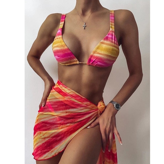 VenusFox Sexy 3 Piece Swimsuit Women Tie Dye Push Up Padded Biquini Brazilian Summer Bathing Suit Thong Bikini 2021 Swimwear Women Skirt