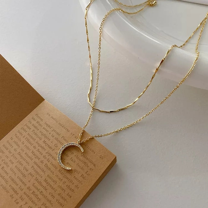 VenusFox High Quality Korean 14k Gold Plated Fine Jewelry Women Fairy Double Chains Necklaces for Female Star Moon Pendant Mom Gifts