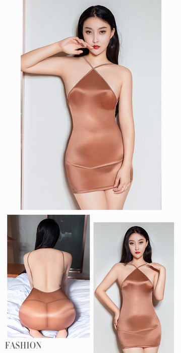 VenusFox Ice Silk Smooth See Through Mini Dress Bandage Oil Glossy Shiny Dress With G-string Sexy Women Strap Backless Tight Pencil Dress