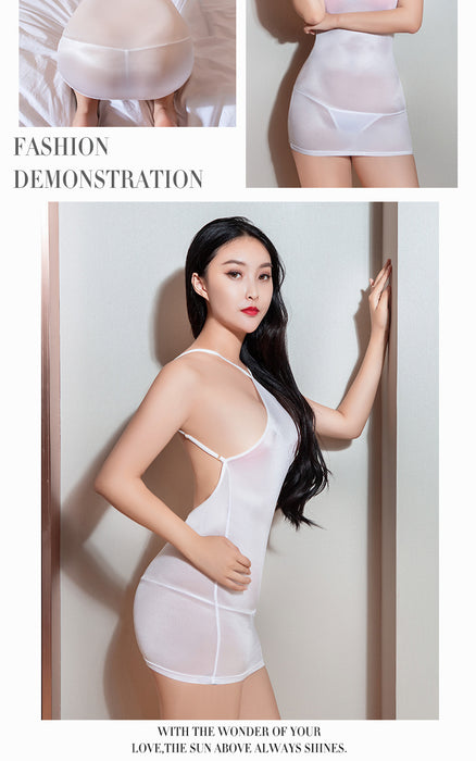 VenusFox Ice Silk Smooth See Through Mini Dress Bandage Oil Glossy Shiny Dress With G-string Sexy Women Strap Backless Tight Pencil Dress