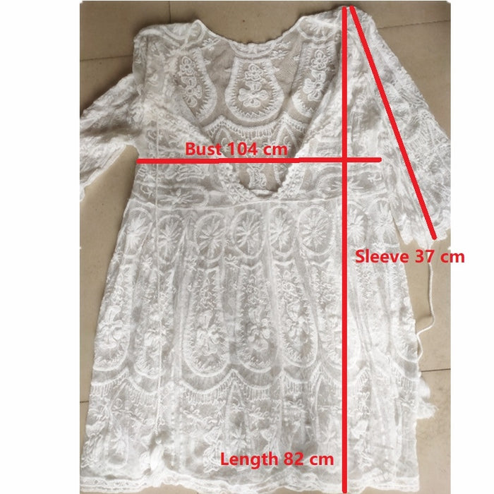 VenusFox Embroidery Coverups for Women Tunic Beach Cover Up Dress Solid Blouse Beachwear Lace Fishnet Bikini Wrap 2021 White Cover-up