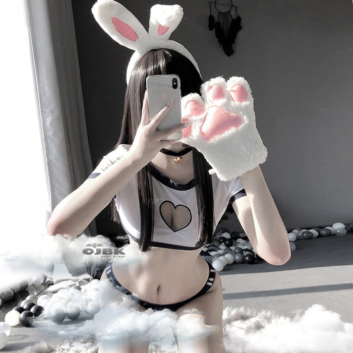 VenusFox Sexy Heart Hollow Open Chest Erotic Lingerie Japanese Sweet Student Role Play Costume Rabbit Tail School Girl Uniform