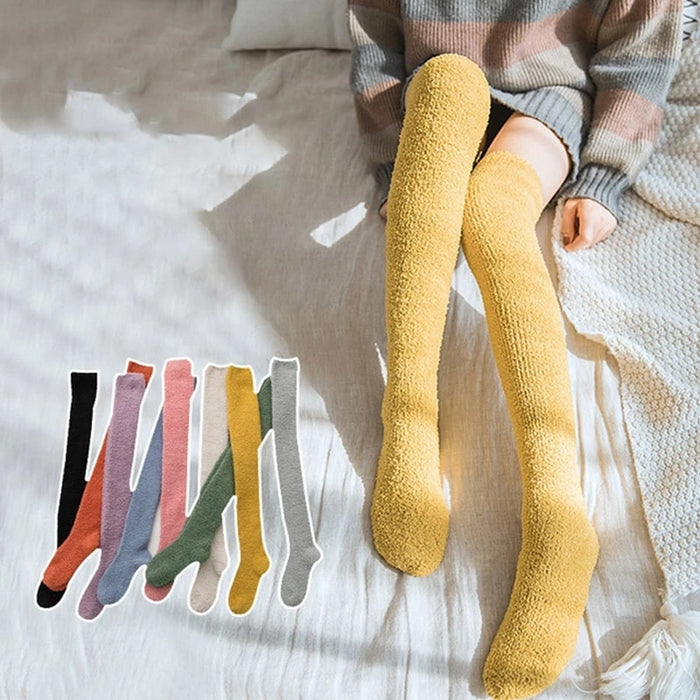 VenusFox New Candy Color Warm Coral Fleece Stockings Coral Cashmere Thigh High Stockings Winter Warm Soft Fluffy Knee Socks